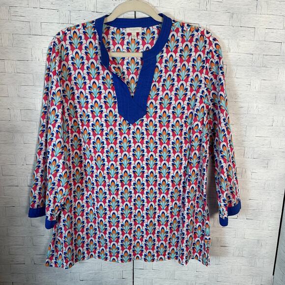Talbots women’s blouse colorful bohemian hippie round collar v-neck lightweight - Picture 1 of 9